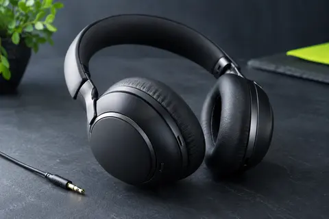 Casque Bluetooth supra-auriculaire noir avec oreillettes pivotantes, présenté sur un fond ardoise