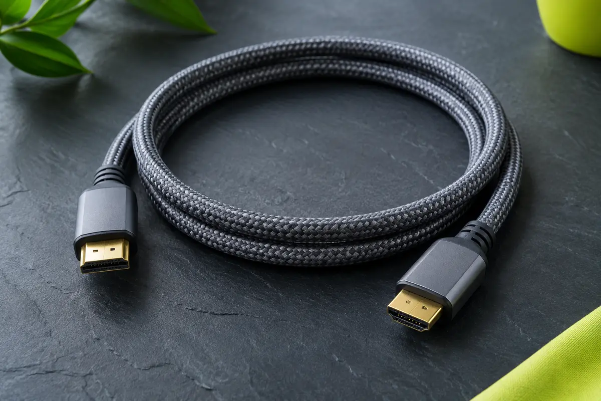 Câble HDMI Stouchi gris de 1,2 m avec gaine tressée en nylon et deux connecteurs mâles aux contacts dorés.