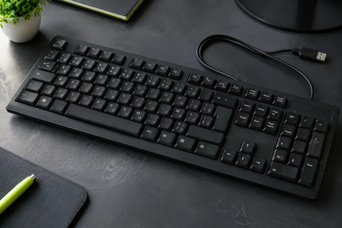 Clavier filaire noir AZERTY au format complet avec pavé numérique et câble USB-A.