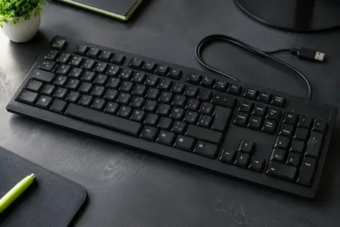 Clavier filaire noir AZERTY au format complet avec pavé numérique et câble USB-A.