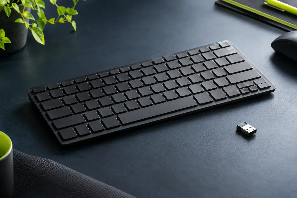 Clavier compact noir TECKNET au format AZERTY avec nano-récepteur USB, présenté sur un bureau ardoise.
