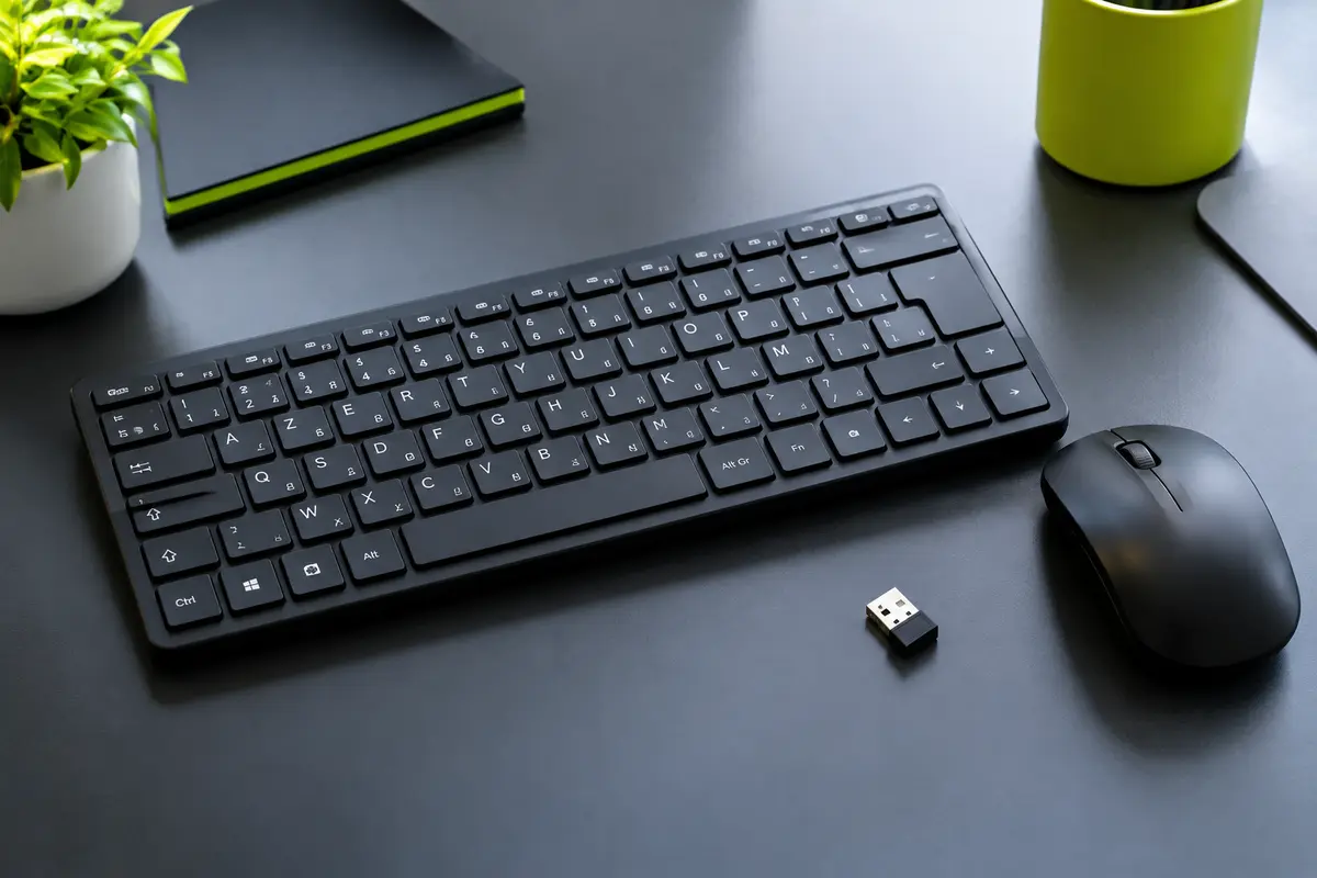 Clavier compact noir AZERTY sans pavé numérique accompagné d’une souris sans fil assortie