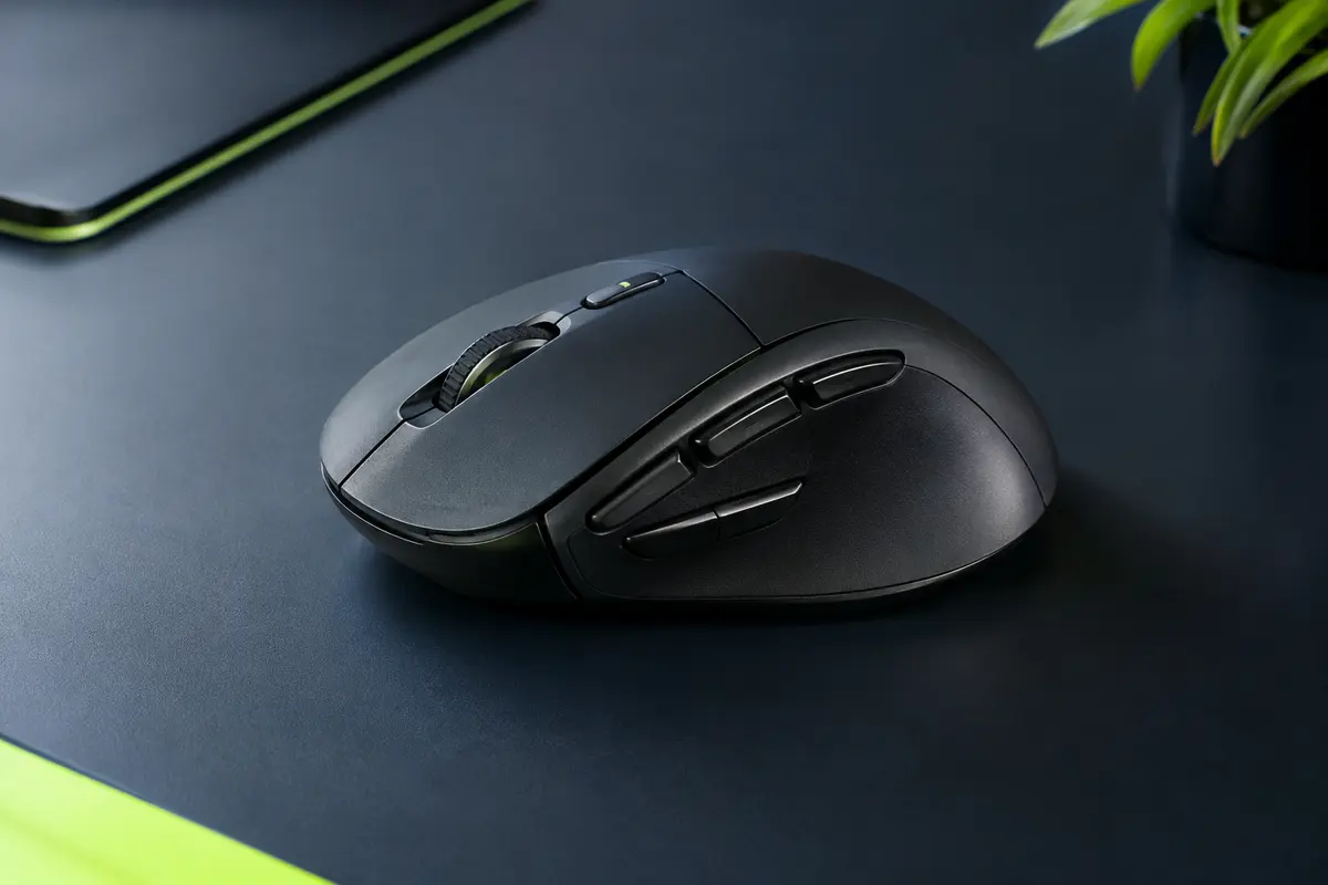 Souris TECKNET noire mate à six boutons présentée sur un bureau contemporain au fond ardoise.