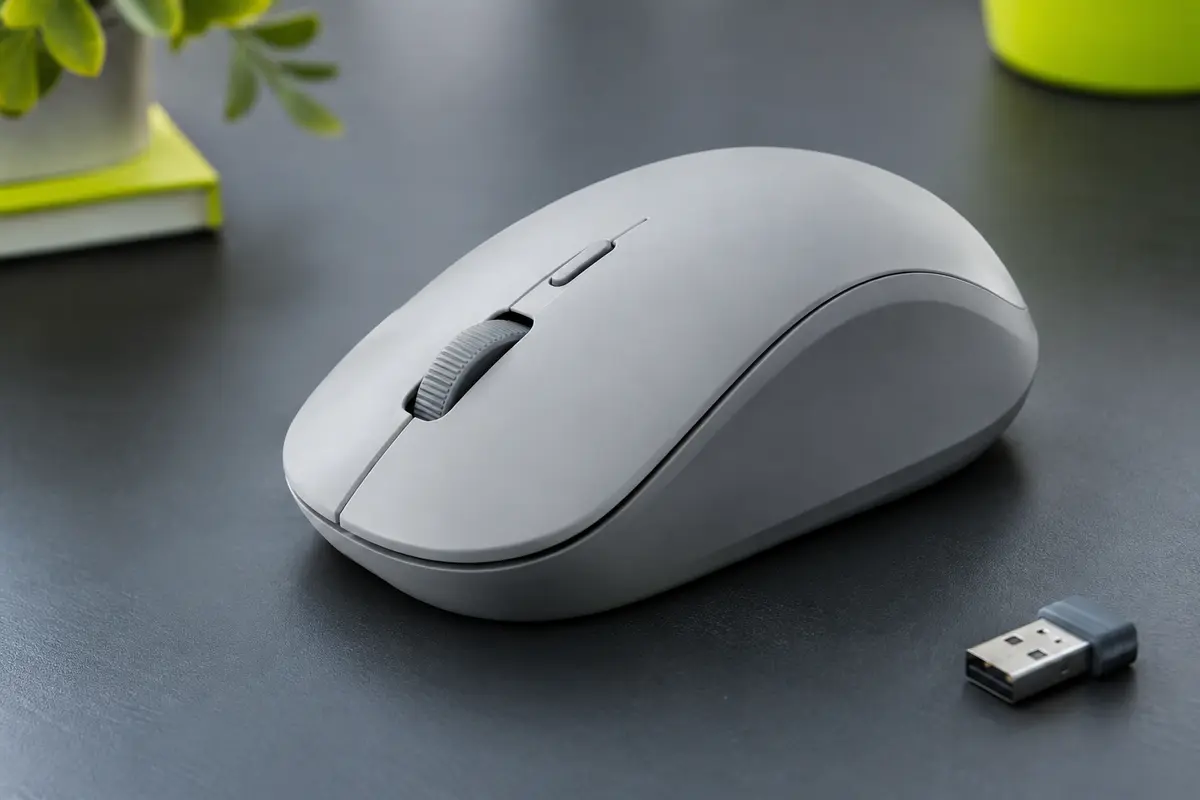 Souris sans fil TECKNET gris clair présentée sur un bureau ardoise dans un décor contemporain