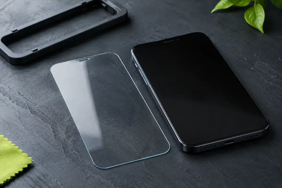 Verre trempé transparent pour iPhone 15 posé près de son outil d’installation sur fond ardoise.