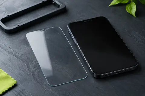 Verre trempé transparent pour iPhone 15 posé près de son outil d’installation sur fond ardoise.