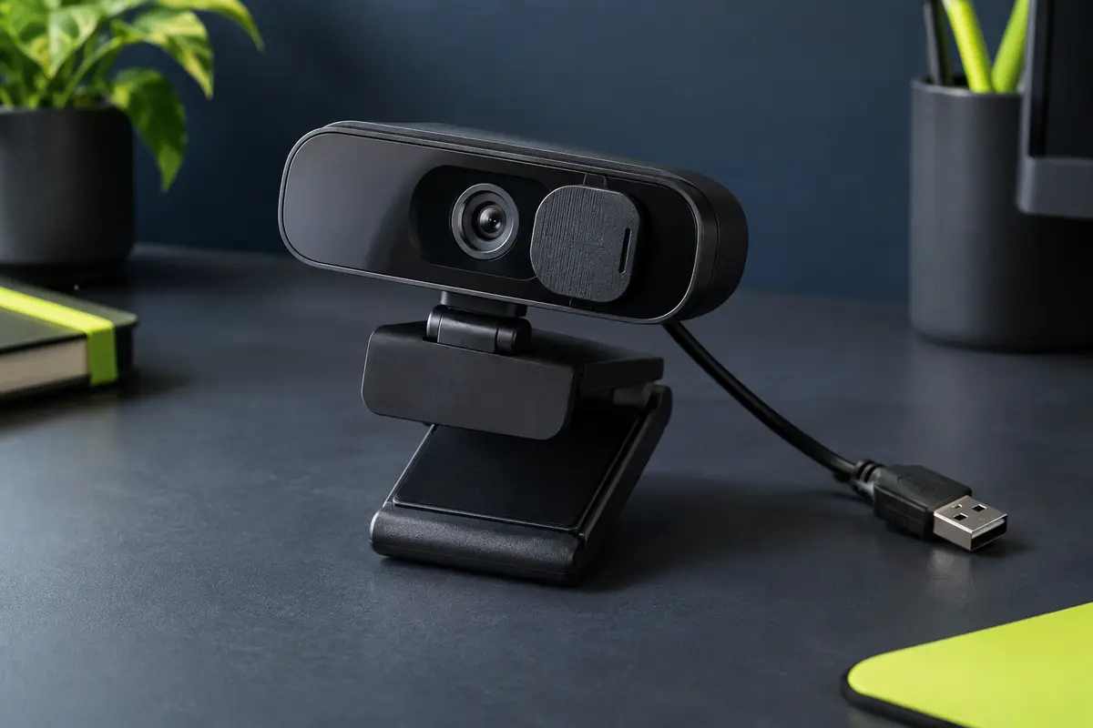 Webcam noire Trust Oran avec microphone intégré, support universel et volet physique de confidentialité