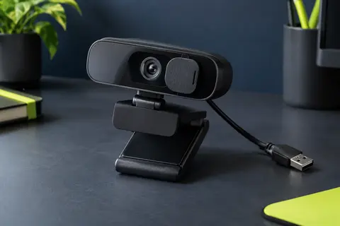 Webcam noire Trust Oran avec microphone intégré, support universel et volet physique de confidentialité
