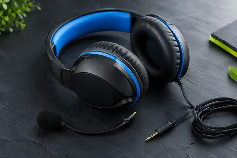 Casque gaming filaire noir et bleu avec microphone amovible et prise jack 3,5 mm