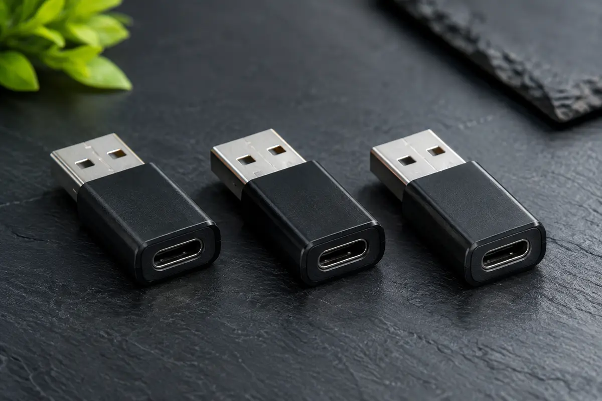 Trois adaptateurs noirs USB-A mâle vers USB-C femelle présentés sur un fond ardoise contemporain.