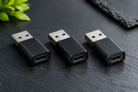 Trois adaptateurs noirs USB-A mâle vers USB-C femelle présentés sur un fond ardoise contemporain.