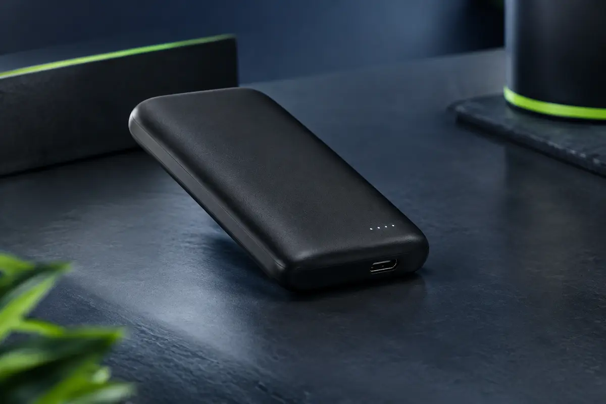 Batterie externe UGREEN noire et compacte, présentée de trois-quarts avec son port USB-C visible.