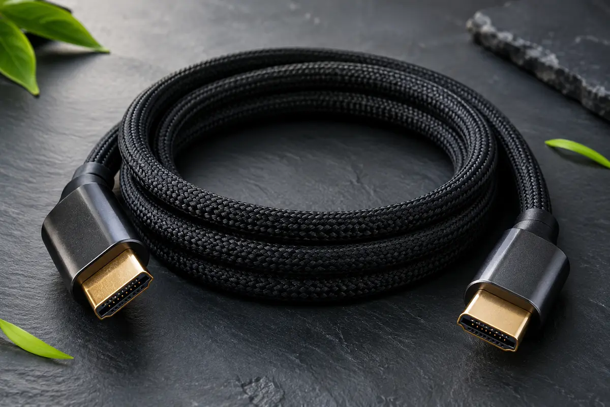 Câble HDMI noir UGREEN de 2 m à gaine tressée, présenté avec ses deux connecteurs mâles.