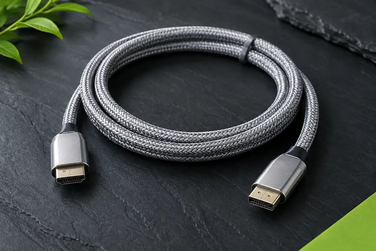 Câble HDMI UGREEN argenté avec gaine tressée en nylon et connecteurs métalliques, présenté sur fond ardoise.