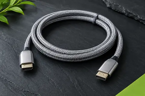 Câble HDMI UGREEN argenté avec gaine tressée en nylon et connecteurs métalliques, présenté sur fond ardoise.