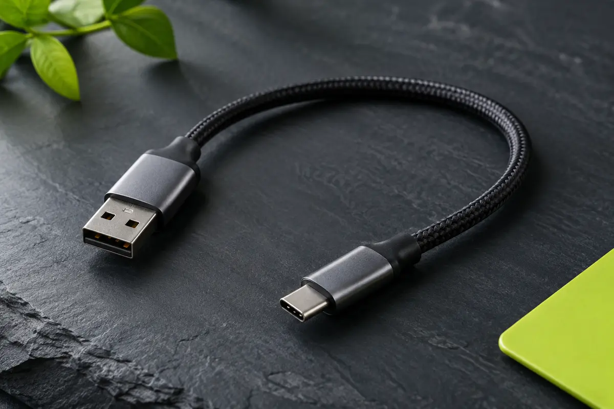 Câble USB-A vers USB-C noir de 50 cm, avec gaine tressée et connecteurs à finition aluminium