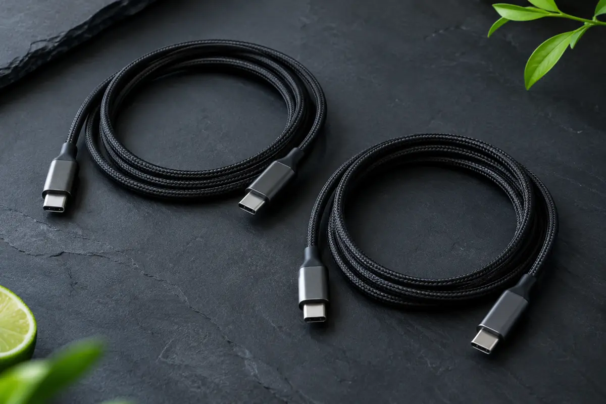 Deux câbles USB-C noirs tressés avec connecteurs métalliques, disposés en boucles sur un fond ardoise.