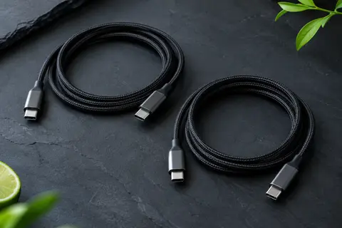 Deux câbles USB-C noirs tressés avec connecteurs métalliques, disposés en boucles sur un fond ardoise.