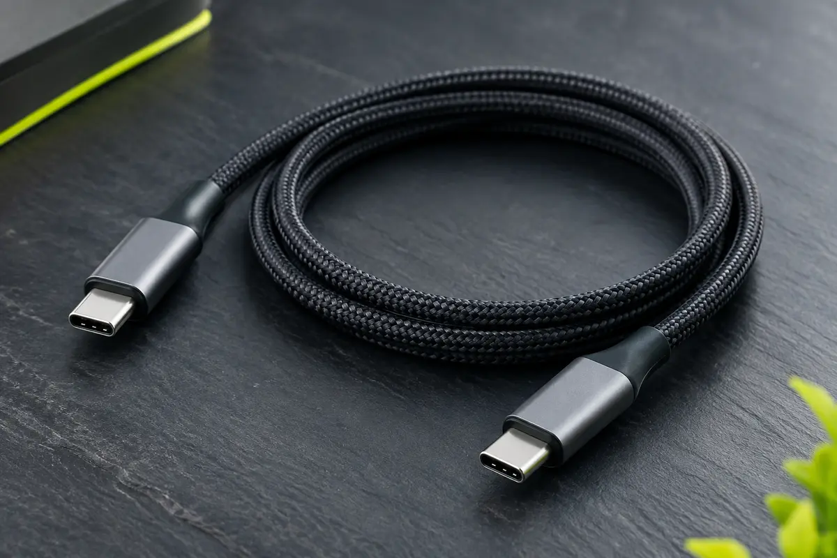 Câble USB-C noir UGREEN d’un mètre, tressé en nylon, avec deux connecteurs à coques métalliques.