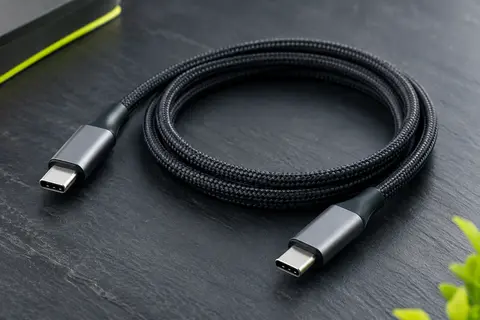 Câble USB-C noir UGREEN d’un mètre, tressé en nylon, avec deux connecteurs à coques métalliques.
