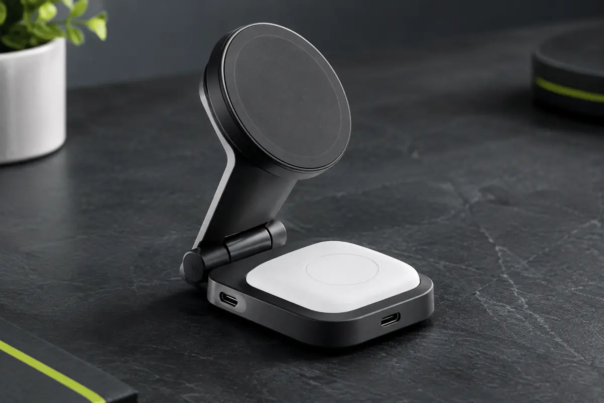 Chargeur sans fil UGREEN pliable noir et blanc avec support magnétique incliné et base pour écouteurs