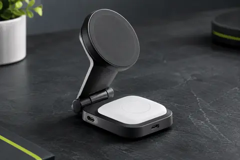 Chargeur sans fil UGREEN pliable noir et blanc avec support magnétique incliné et base pour écouteurs