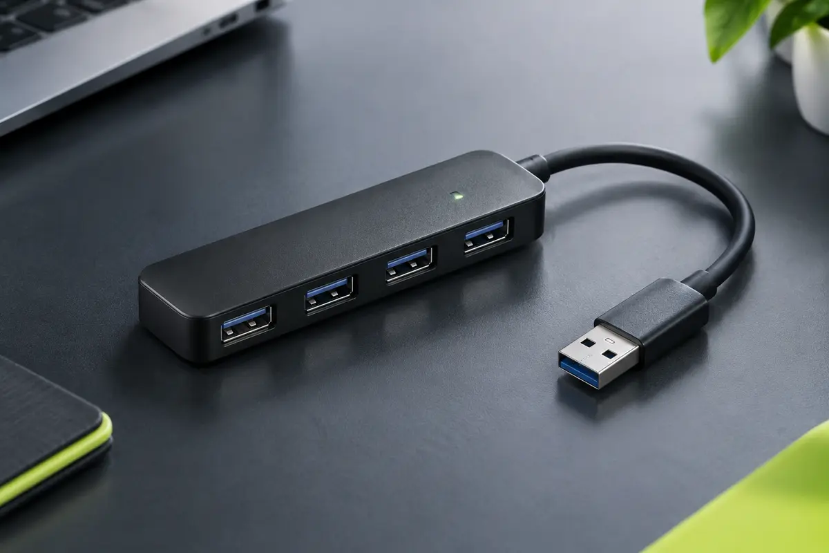 Hub USB noir compact à quatre ports USB-A avec câble court, présenté sur un bureau contemporain.