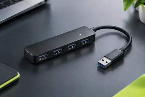 Hub USB noir compact à quatre ports USB-A avec câble court, présenté sur un bureau contemporain.