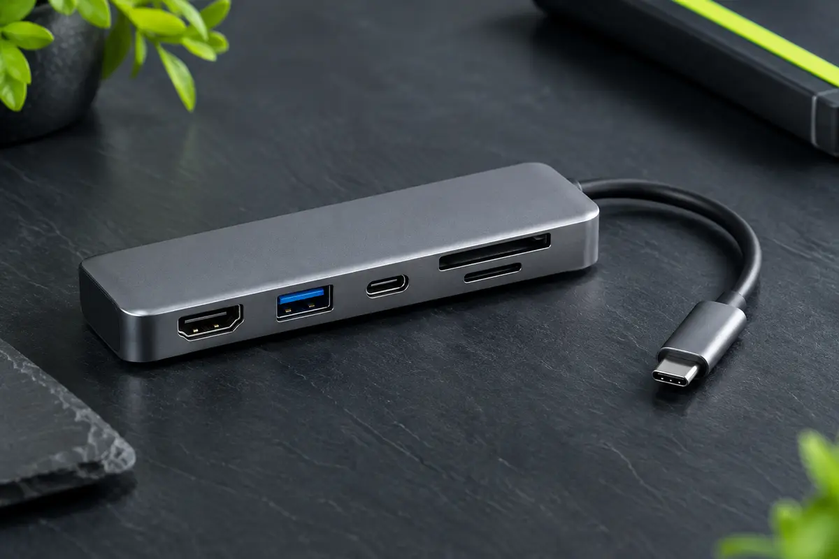 Hub USB C gris en aluminium avec HDMI, ports USB et lecteurs SD et microSD sur fond ardoise.