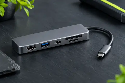 Hub USB C gris en aluminium avec HDMI, ports USB et lecteurs SD et microSD sur fond ardoise.