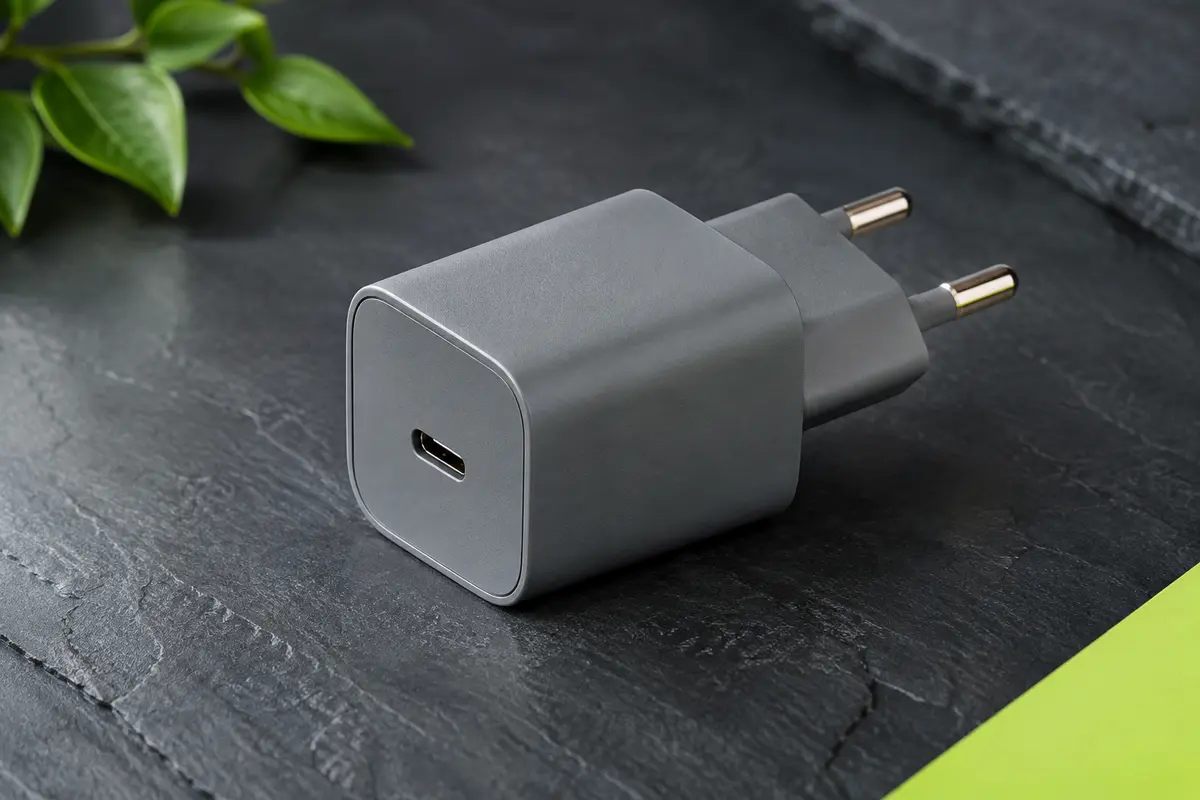 Chargeur secteur compact gris avec un port USB-C et une fiche européenne à deux broches