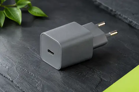 Chargeur secteur compact gris avec un port USB-C et une fiche européenne à deux broches