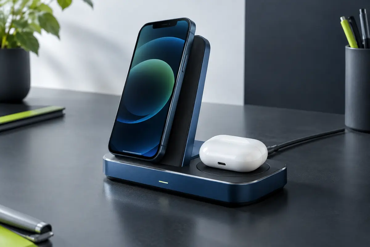 Station de charge sans fil bleu et noir avec support réglable, iPhone et boîtier d’AirPods sur un bureau