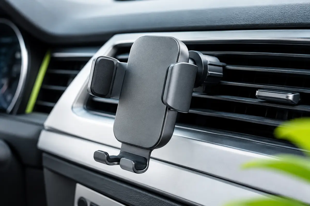 Support UGREEN gris en aluminium fixé sur une grille d’aération horizontale de voiture