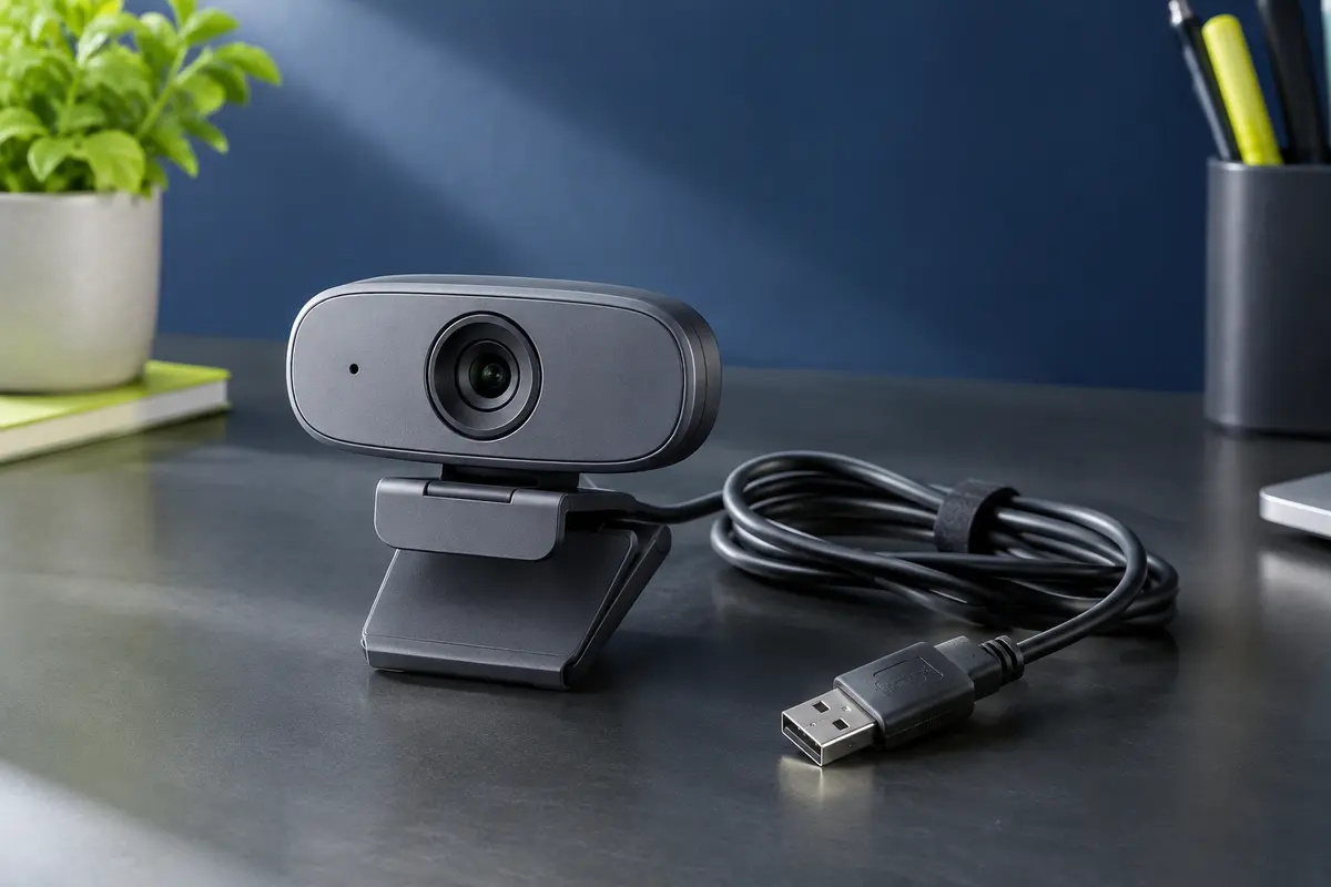 Webcam UGREEN compacte grise avec objectif intégré et clip, posée avec son câble USB sur un bureau.