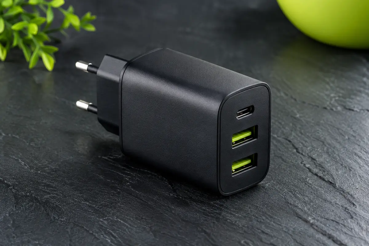 Chargeur secteur noir compact avec un port USB-C et deux ports USB-A sur fond ardoise.