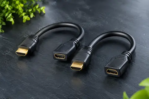 Deux rallonges HDMI de 14 cm avec connecteurs mâles et femelles, présentées sur un fond ardoise.