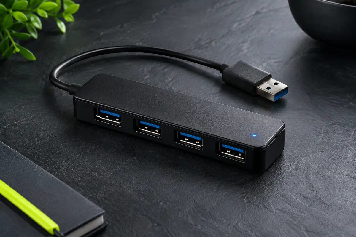 Hub USB noir à quatre ports avec voyant bleu, présenté sur un fond ardoise contemporain.