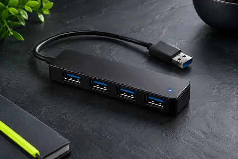 Hub USB noir à quatre ports avec voyant bleu, présenté sur un fond ardoise contemporain.