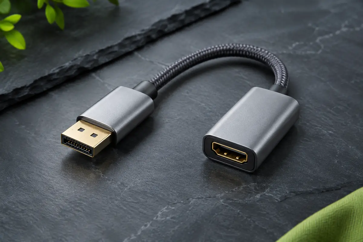 Adaptateur WARRKY gris argenté DisplayPort vers HDMI, avec boîtier en aluminium et câble court gainé de nylon.