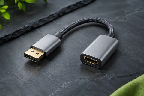 Adaptateur WARRKY gris argenté DisplayPort vers HDMI, avec boîtier en aluminium et câble court gainé de nylon.
