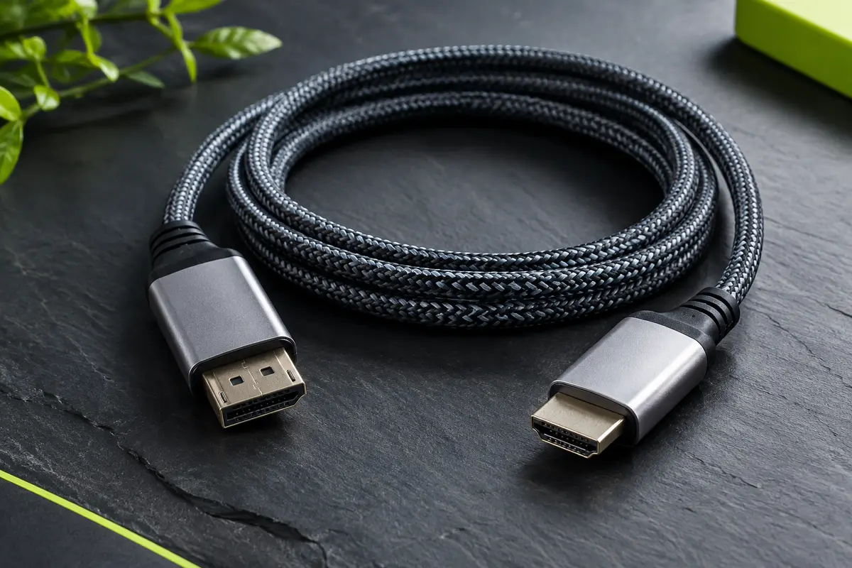 Câble WARRKY DisplayPort vers HDMI de 1,8 m, avec gaine tressée et connecteurs métalliques gris argenté.
