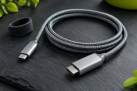 Câble USB-C vers HDMI gris argenté tressé, avec connecteurs métalliques, posé sur un fond ardoise.