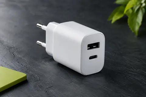 Chargeur secteur compact à deux ports USB-A et USB-C présenté sur un fond ardoise