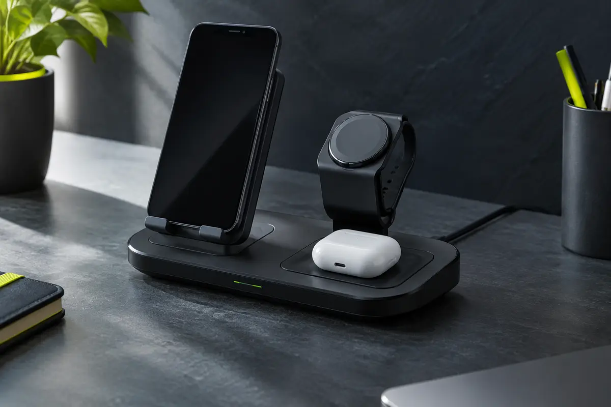 Station de charge sans fil noire YLLZI avec support de téléphone et chargeur de montre pliable