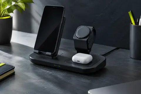 Station de charge sans fil noire YLLZI avec support de téléphone et chargeur de montre pliable