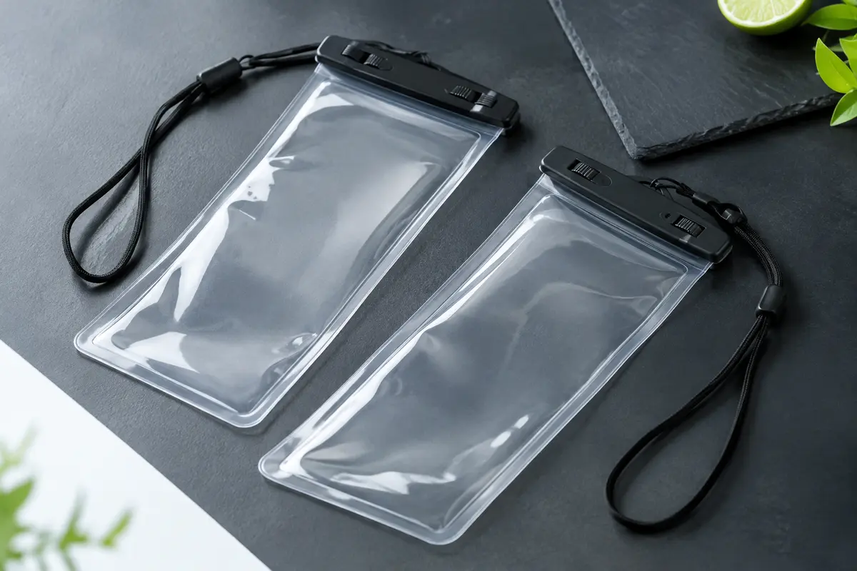 Deux pochettes étanches transparentes pour smartphone avec leurs clips de fermeture et leurs cordons