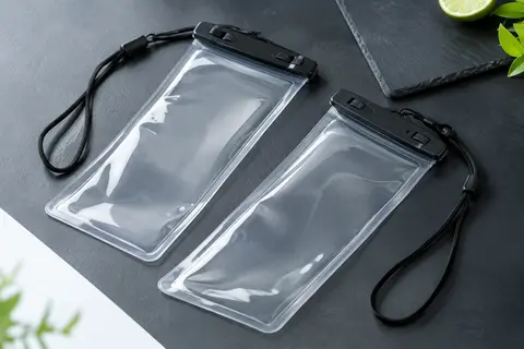 Deux pochettes étanches transparentes pour smartphone avec leurs clips de fermeture et leurs cordons