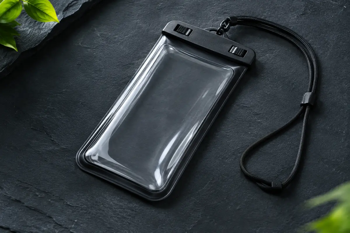 Pochette étanche YOSH noire en PVC transparent avec fermeture à clip et cordon sur fond ardoise.