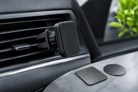 Support voiture magnétique noir YOSH fixé sur une grille d’aération, avec deux plaques métalliques.